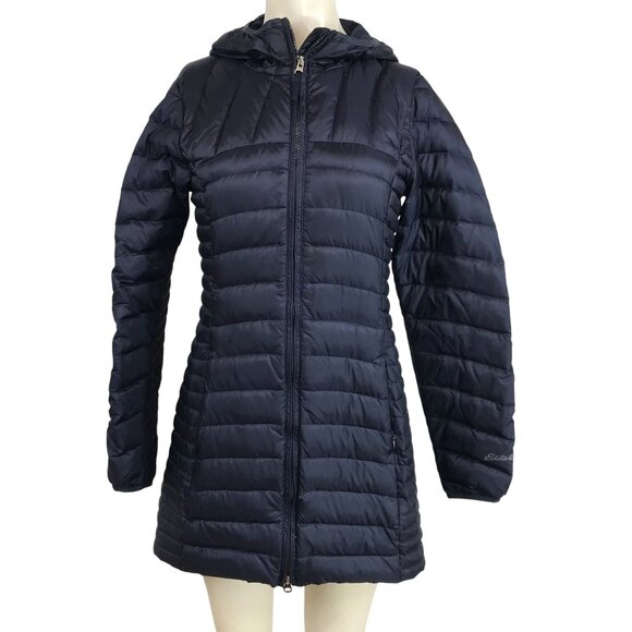 EDDIE BAUER - WOMEN'S SMALL -NAVY 100% NYLON FULL ZIP HOODED DOWN JACKET - Picture 1 of 9